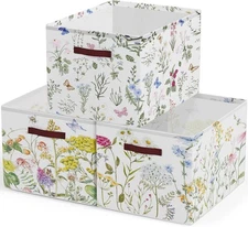 Boao 3 Pack Floral Storage Basket with Handles Herbs Flower Style, White 