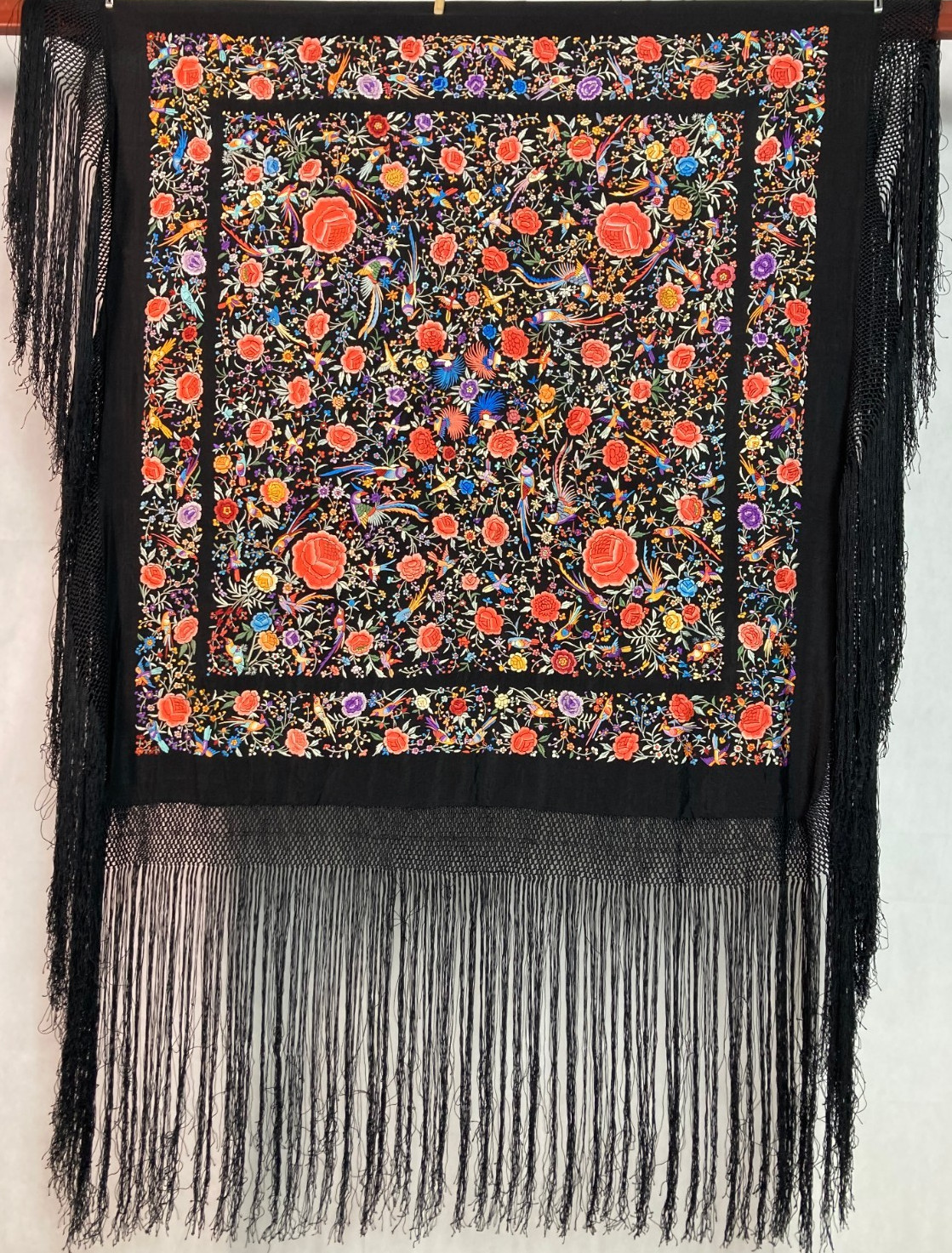 Mantón de piano vintage de seda bordado a mano Manton de Manila multicolor 114x110 cm
