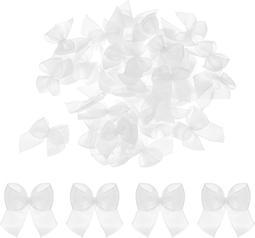 MECCANIXITY 50Pcs Mini Ribbon Bow 1" Fabric Satin Wood White
