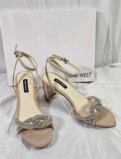 Nine West Genner Embellished Block Heel Rhinestone Sandals Sz 6M Light Natural