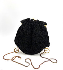 Vintage Black Beaded Evening Clutch w/ a GoldTone Clasp  Matching Slinky Strap