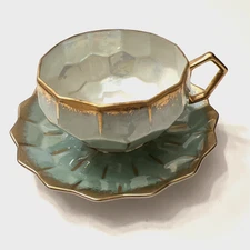 Royal Sealy China Tea Cup & Saucer Mint Green-Gold Iridescent Scalloped VINTAGE