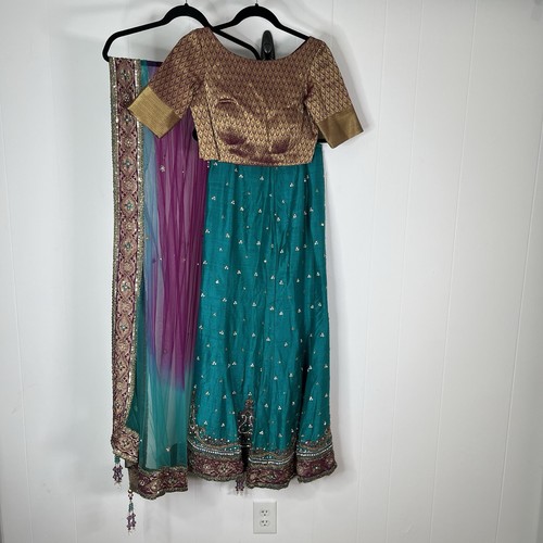 Indian Lehenga Choli Dupatta Teal Gold Embroidered Beaded Wedding 3 Pc Set