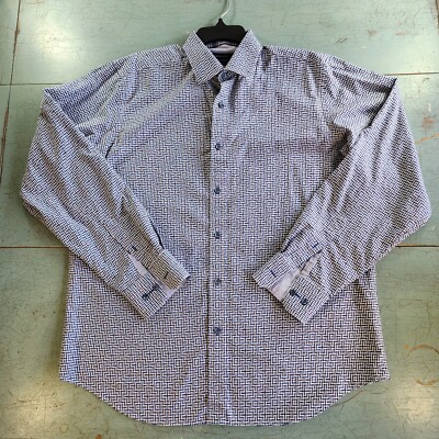 Bugatchi Uomo Shirt Mens Large Button Up Blue White Textured Flip Cuff Geometric