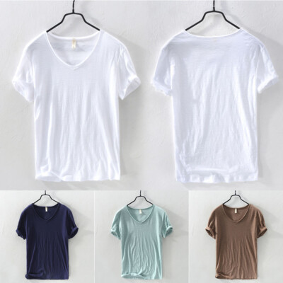 Men Cotton Basic Tee Summer V-Neck Short Sleeve Tops Casual Breathable Comfort