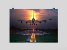 A380 747 POSTER AEROPLANE AIRBUS BOEING LANDING RUNWAY SUNSET  A3 A4 SIZE