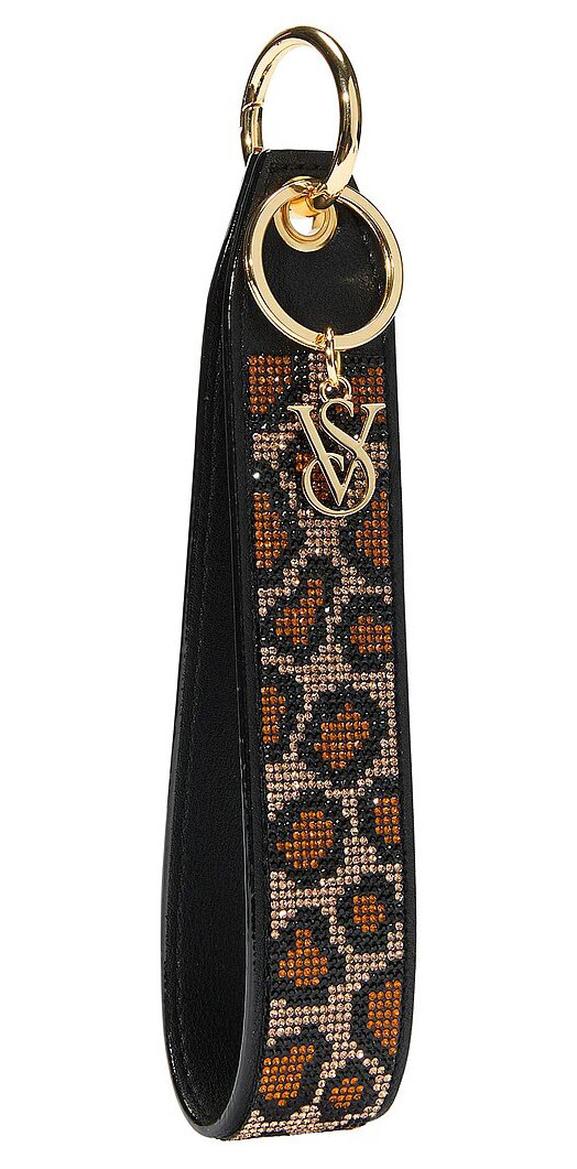 Victoria's Secret VS Bling Rhinestone Wristlet Strap Keychain Brown Leopard