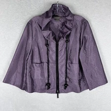 KENAR Women's Short Purple Plaid Zip Up Jacket Black Beaded Drawstring Size 10