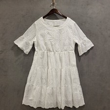 Eyelet Lace Midi Dress Women Medium White Tiered Ruffle Hem Simple Beachy Boho