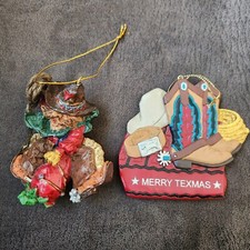 2 Texas Themed Christmas Ornaments Merry Texmas Cowboy Hat Boot Pepper Whimsical