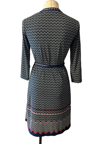 Max Studio Blue White Orange Stretch 3/4 Long Sleeve Wrap Dress Small Washable - Picture 3 of 6