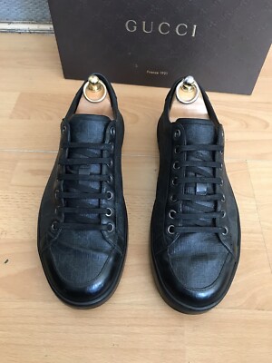 Gucci Herren Supreme Schwarz GG Monogrammiert Leder Sneaker Turnschuhe Uk 6,5