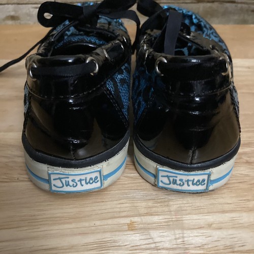 Justice Size 4 Boat Shoes Blue Black Sequin Animal Print Shoes Ribbon Ties - Picture 6 of 12