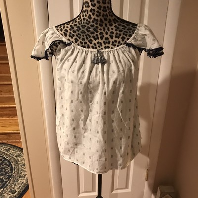 Lucky Brand Tunic Ruffle Cap sleeve blouse white Bohemian crochet trim Small New