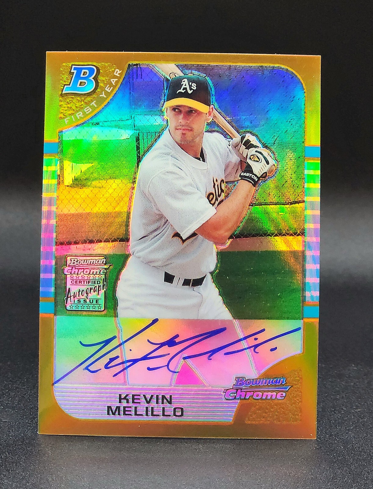 2005 Bowman Chrome 333 Gold Refractor Rookie Auto Last Print 50/50 Kevin Melillo view 2