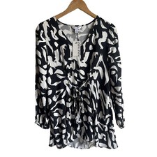 New! Nine West Black White Abstract V-Neck Tunic Blouse Size XS