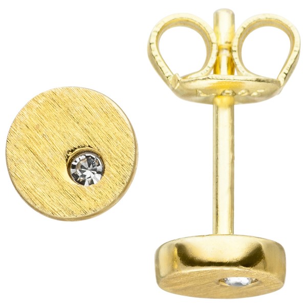Ohrstecker Ohrringe Zirkonia Rund Mattiert Flach 925 Silber Gelbgold Vergoldet-image