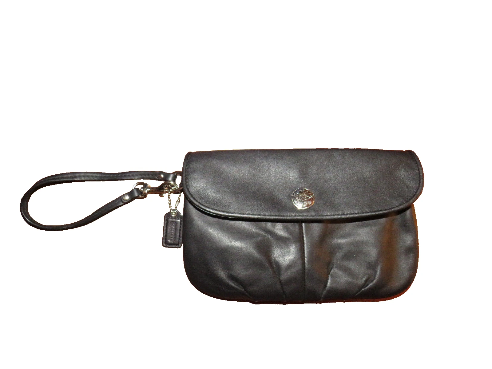 Pochette da polso Coach in pelle nera con patta plissettata