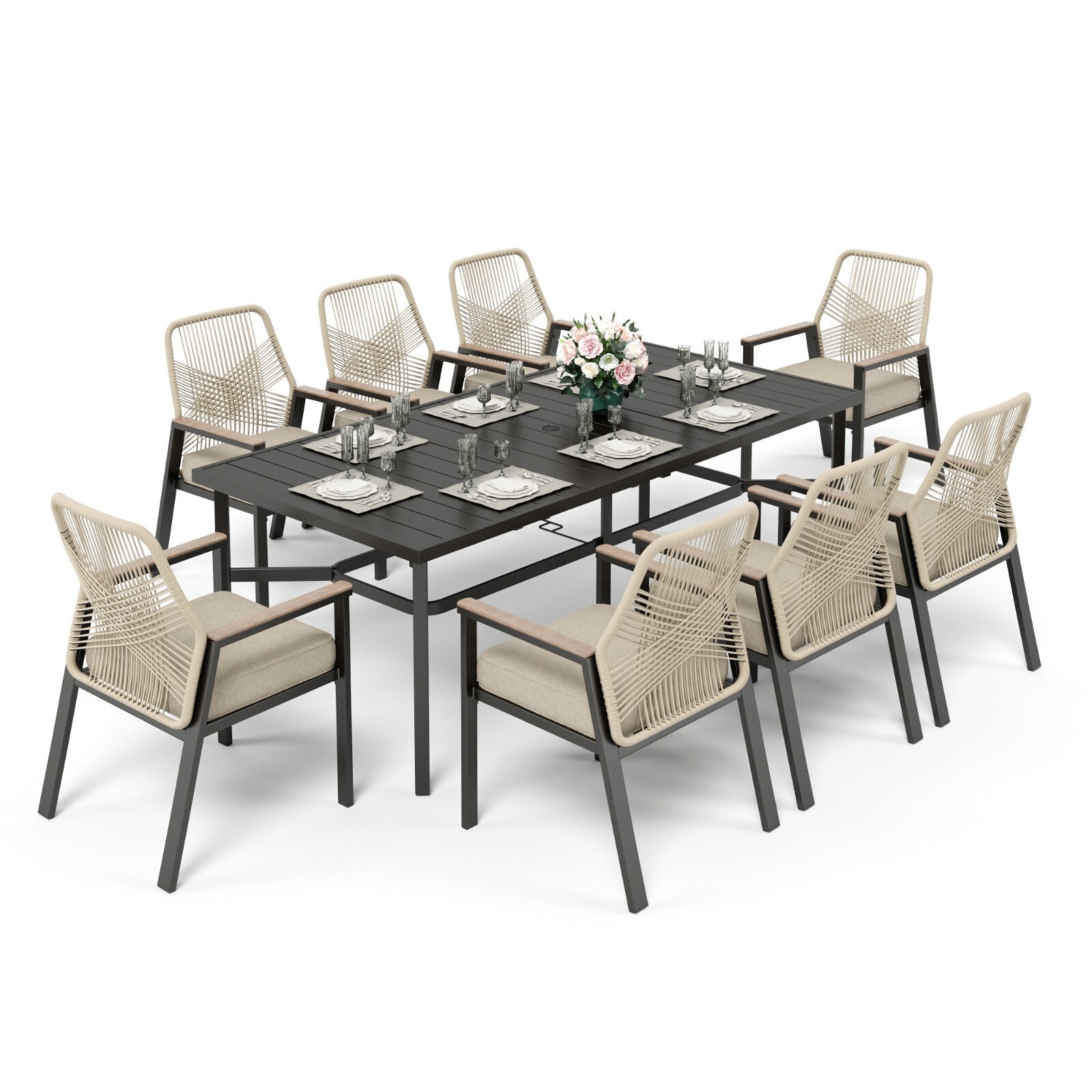 9 Piece Patio Dining Set 82" Rectangle Dining Table with 8 Wicker Armchairs