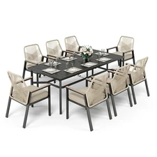 9 Piece Patio Dining Set 82" Rectangle Dining Table with 8 Wicker Armchairs