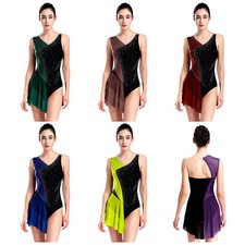 Womens Ice Skating Dance Costume Sparkly Rhinestones Leotard Color Block Unitard