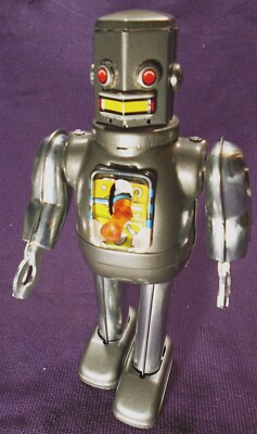 Metal House Hex Head Tin Robot Wind Up Walking Robot w/Chest Gun
