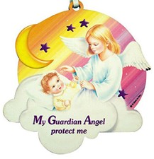 Pink My Guardian Angel Protect Me Crib Medal with Ribbon, 3 3/4 Inch