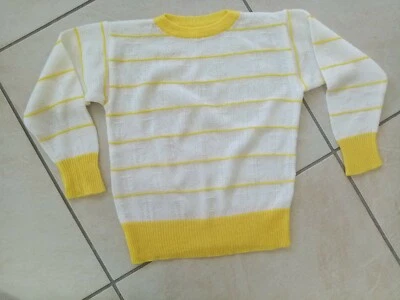 PULL ENFANT 6/8 ANS COL ROND MANCHE LONGUE BLANC JAUNE A RAYURES - Photo 1/4