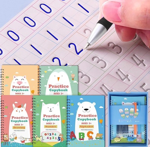 (7.9” x 5.5”)Reusable Writing Practice Book with 5 Books and Pen for Kids Age 3+