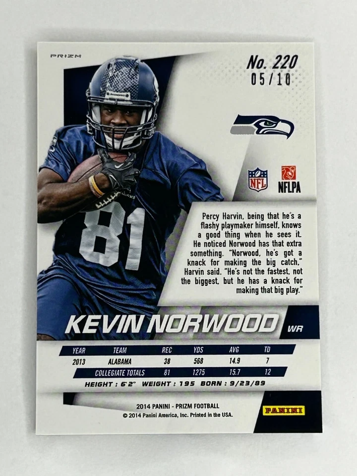 2014 Panini Prizm Kevin Norwood Gold Prizm 05/10 Rookie RC #220 Seattle Seahawks - Image 2 of 2