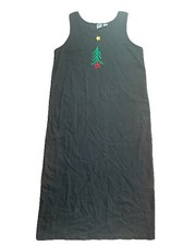 Vintage WEK Christmas Tree Maxi Dress Womens XL Black Sleeveless Cotton USA made