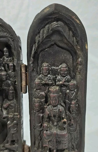 Vintage 6,5" klappbares buddhistisches Triptychon geschnitztes Harz 3 Tafeln Reiseschrein - Bild 12 von 15