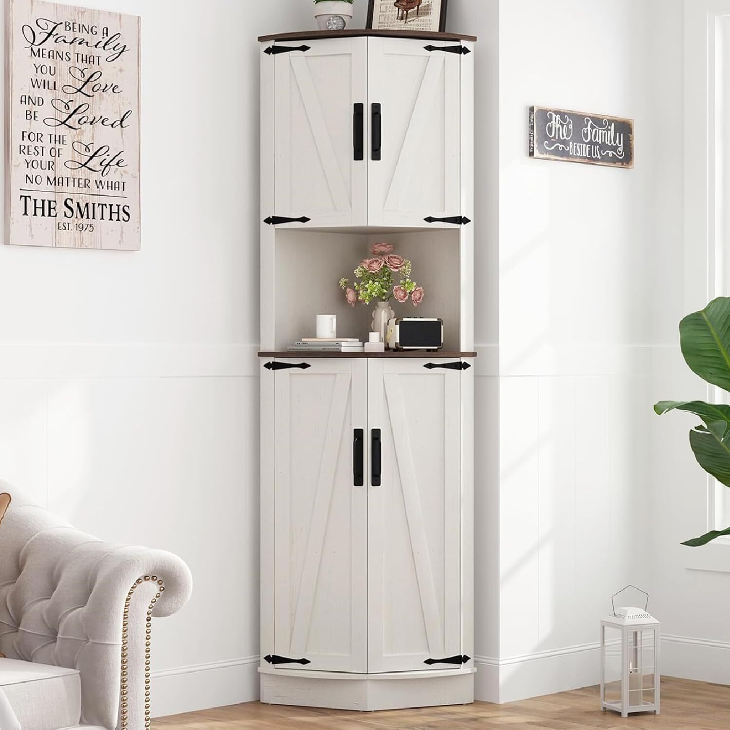 68" Tall Farmhouse Corner Cabinet, Dining Room Storage Cabinet Rustic White