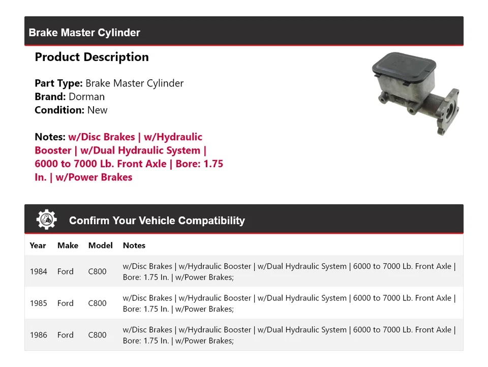 Para 1984-1986 Ford C800 Dorman cilindro mestre de freio 1985 - Imagem 2 de 4