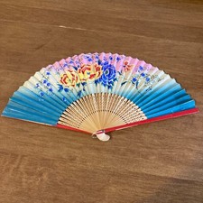 Vintage Wooden Canvas Hand Fans Fold Up 1940-1950s Japan Blue Floral - RARE