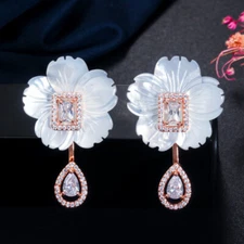 585 Rose Gold Plated Cubic Zircon 4 in 1 Shell Flower Dangle Drop Stud Earrings