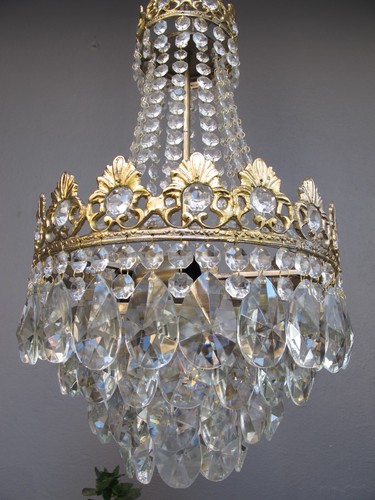Antique French Basket Crystal Chandelier Brass Ceiling Lighting | 1960's - Picture 6 of 10