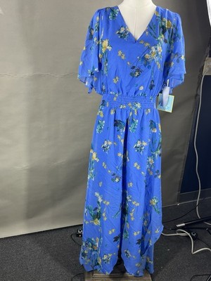 Women s CeCe Dress X Large Blue Floral Short Sleeve Cinched Waist Below Knee
