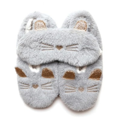 Damen/Teens Foxbury grau Katze Kunstfell Slipper Socken & Schlafmaske Set