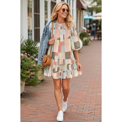 Cinq a Sept Patchwork Smocked Tiered Dress Sz 4 Eclectic Boho Festival Artsy