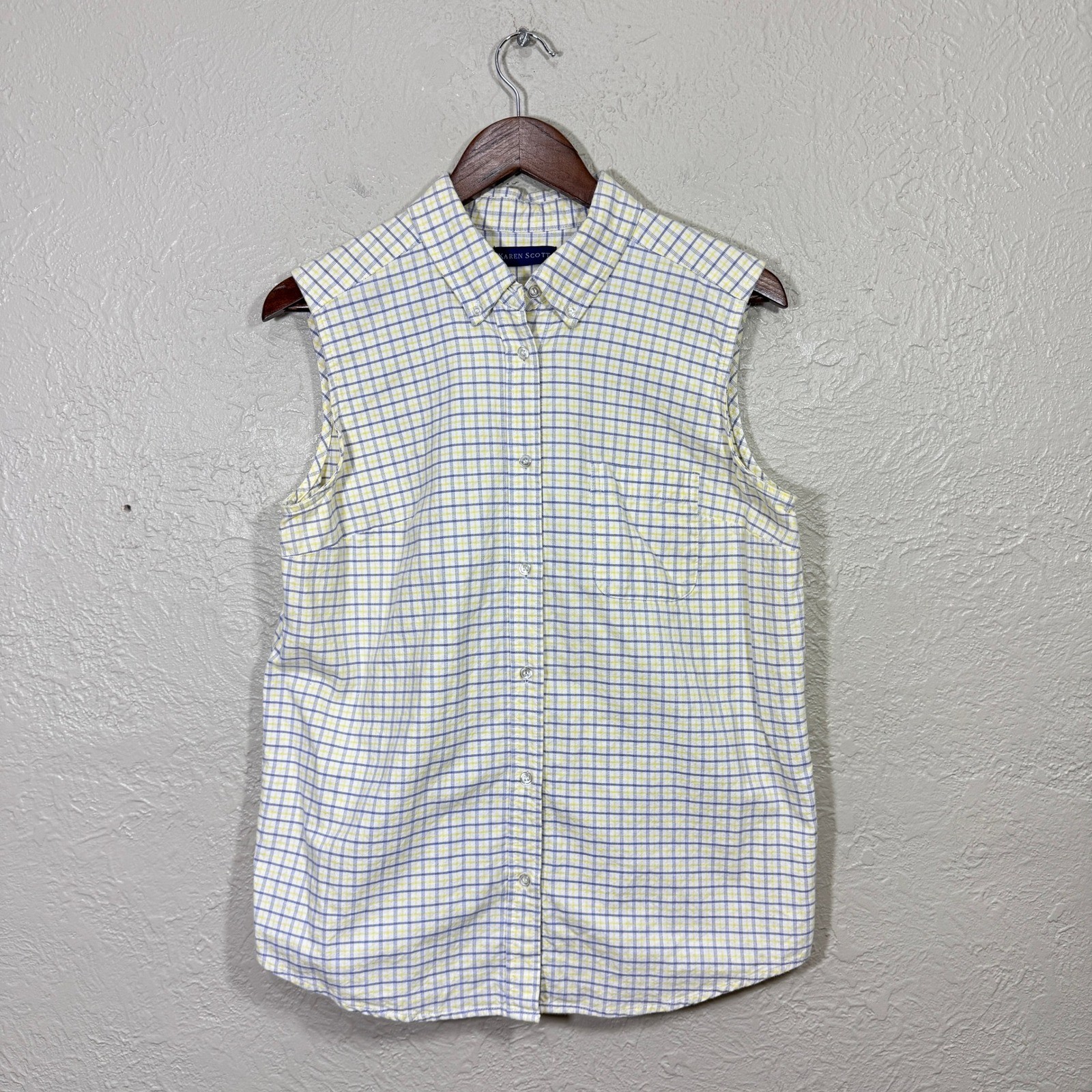 Vtg 90s 100% Cotton Tank Top L Button Vest Plaid Yellow Blue Gingham Check Prep