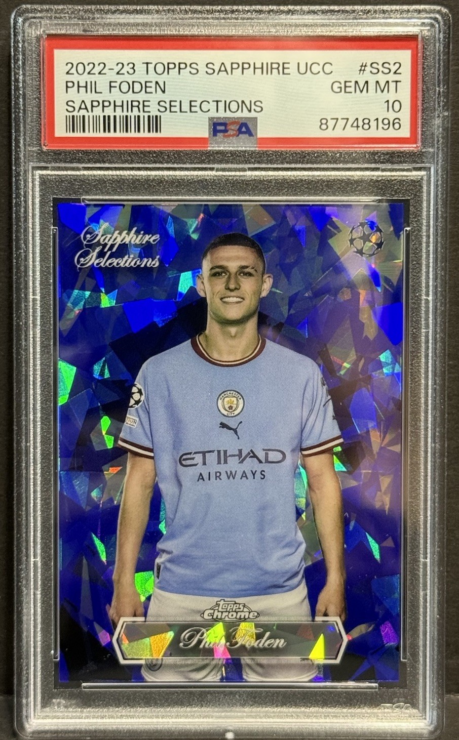 2022-23 Topps Chrome Sapphire UCL Sapphire Selections Phil Foden PSA Gem Mint 10 view 2