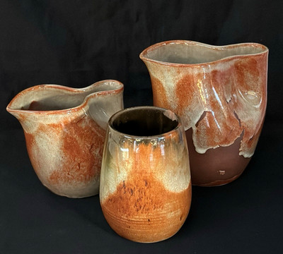 EUGENE DEUTCH/DEUTSCH POTTERY 3 PIECE SET OF FREE FORM VASES SIGNED & DATED 1944