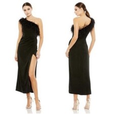 NWT Mac Duggal Black One Shoulder Faux Wrap Dress Feather Trim Collar Sz 2