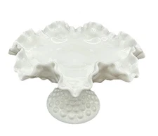 Vintage Bowl Pedestal Hobnail Milk Glass Ruffed Wavy Edges Fenton Large