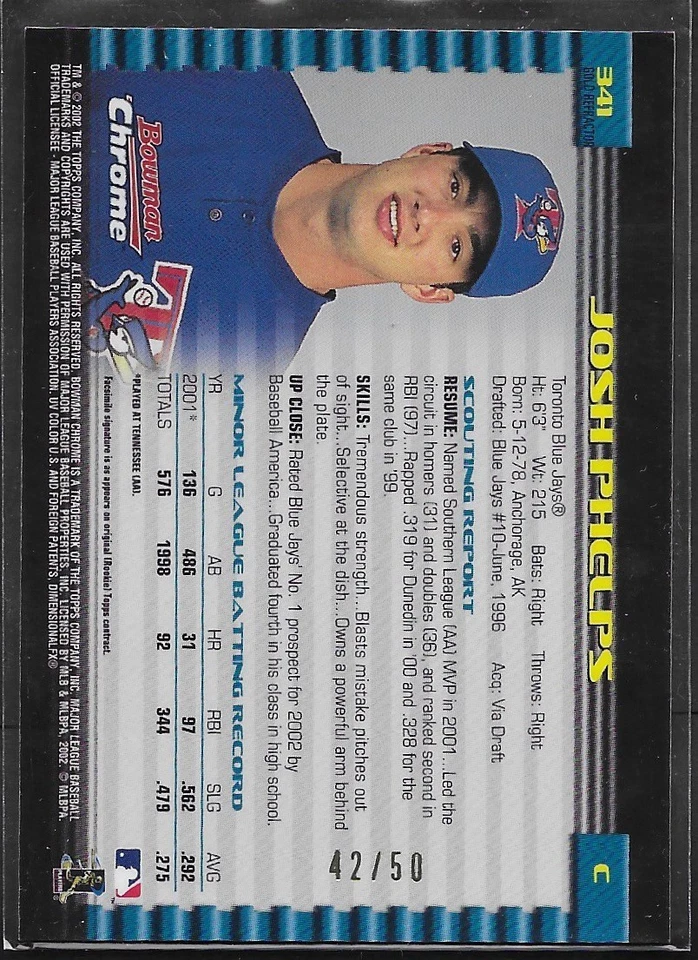 2002 Bowman Chrome Gold Refractors #341 Josh Phelps #'d/50 - Image 2 of 2