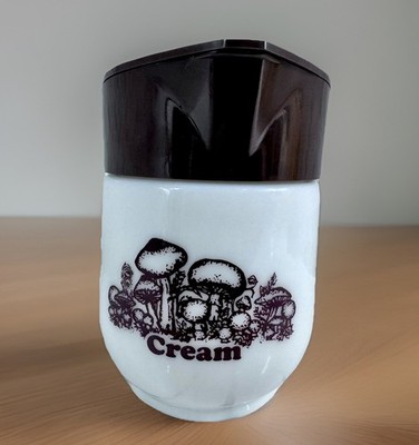 Vintage Gemco Milk Glass Mushroom Creamer Pitcher Brown Flip Lid 1970s Retro