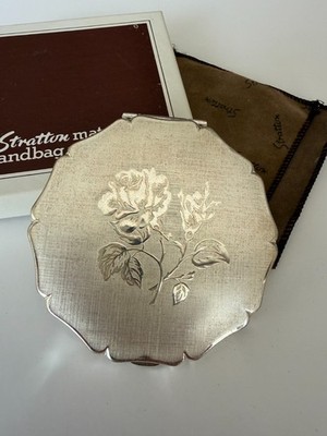 Vintage Stratton Compact Mirror Rose Engraved, Silver Plated, England, Org. Box