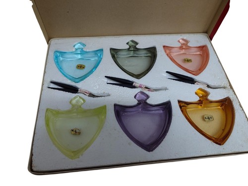 Vintage Glass Pickle Dish / Fork Set x 6 Multicoloured Glass Decorative Party - Picture 2 of 10