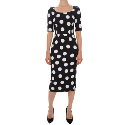 DOLCE & GABBANA Charmeuse Sheath Macro Polka Dot Midi Kleid Schwarz Weiß  - Bild 1 von 4